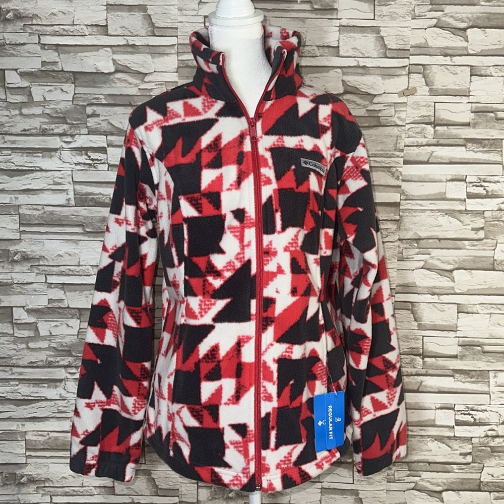 Columbia Mount Cannon Printed Red and Grey Geometric Fleece Full Zip Jacket
